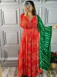 NEW ARRIVAL GEORGETTE DIGITAL PRINTED WITH ORIGINAL MIRROR HAND WORK AND FANCY LACE WORK ANARKALI GOWN BOTTOM WITH DUPATTA RED