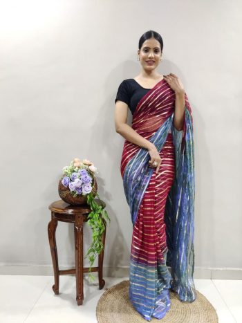 NEW ARRIVAL GEORGETTE HAND DYING PATTERN BORDER WITH GOLDEN ZARI WORK SAREE WITH UNSTITCHED BLOUSE  MAROON