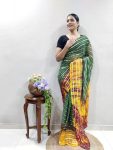 NEW ARRIVAL GEORGETTE HAND DYING PATTERN BORDER WITH GOLDEN ZARI WORK SAREE WITH UNSTITCHED BLOUSE  GREEN