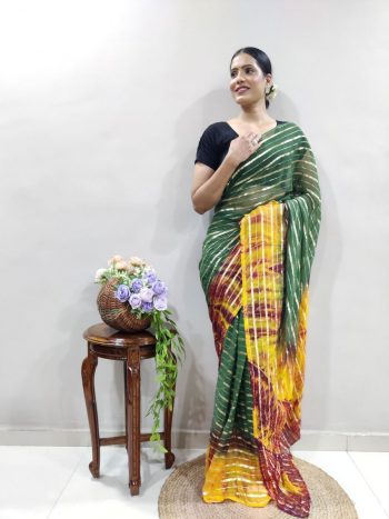 NEW ARRIVAL GEORGETTE HAND DYING PATTERN BORDER WITH GOLDEN ZARI WORK SAREE WITH UNSTITCHED BLOUSE  GREEN
