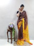 NEW ARRIVAL GEORGETTE HAND DYING PATTERN BORDER WITH GOLDEN ZARI WORK SAREE WITH UNSTITCHED BLOUSE BROWN