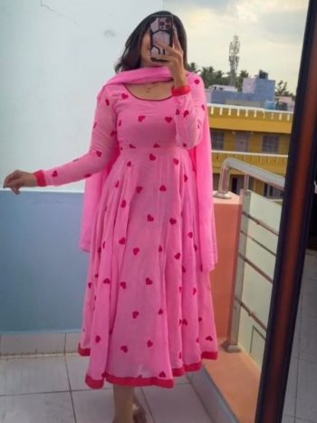 NEW ARRIVAL GEORGETTE HEART SHAPE WORK ANARKALI WITH DUPATTA PINK