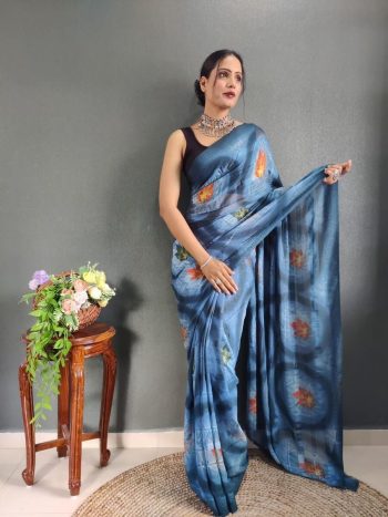 NEW ARRIVAL GEORGETTE PRINTED READY TO WEAR SAREE WITH UNSTITCHED BLOUSE  BLUE
