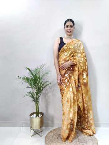NEW ARRIVAL GEORGETTE PRISM PRINTED READY TO WEAR SAREE WITH UNSTITCHED BLOUSE  MUSTARD