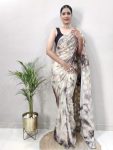 NEW ARRIVAL GEORGETTE PRISM PRINTED READY TO WEAR SAREE WITH UNSTITCHED BLOUSE  OFF WHITE