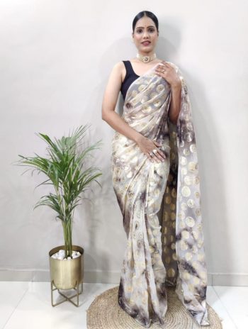 NEW ARRIVAL GEORGETTE PRISM PRINTED READY TO WEAR SAREE WITH UNSTITCHED BLOUSE  OFF WHITE