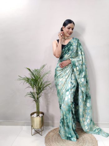 NEW ARRIVAL GEORGETTE PRISM PRINTED READY TO WEAR SAREE WITH UNSTITCHED BLOUSE  GREEN