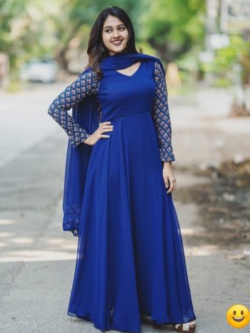 NEW ARRIVAL GEORGETTE WITH DIGITAL PRINTED WORK SLEEVE ANARKALI GOWN WITH DUPATTA   BLUE