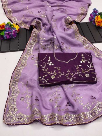 NEW ARRIVAL GOLD CRUSHED MULTI THREAD CODING WORK SAREE WITH UNSTITCHED BLOUSE LAVENDER