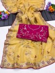 NEW ARRIVAL GOLD CRUSHED MULTI THREAD CODING WORK SAREE WITH UNSTITCHED BLOUSE YELLOW