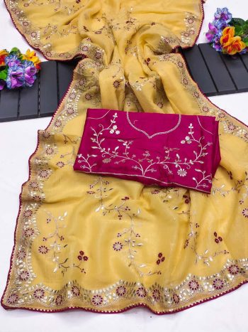 NEW ARRIVAL GOLD CRUSHED MULTI THREAD CODING WORK SAREE WITH UNSTITCHED BLOUSE YELLOW