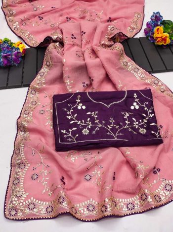NEW ARRIVAL GOLD CRUSHED MULTI THREAD CODING WORK SAREE WITH UNSTITCHED BLOUSE PEACH