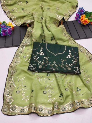 NEW ARRIVAL GOLD CRUSHED MULTI THREAD CODING WORK SAREE WITH UNSTITCHED BLOUSE  PISTA