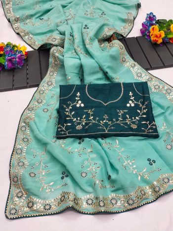 NEW ARRIVAL GOLD CRUSHED MULTI THREAD CODING WORK SAREE WITH UNSTITCHED BLOUSE   SKY