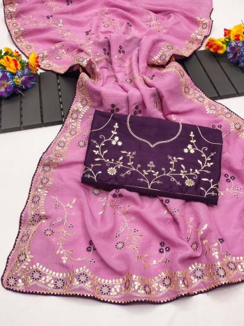 NEW ARRIVAL GOLD CRUSHED MULTI THREAD CODING WORK SAREE WITH UNSTITCHED BLOUSE   PINK
