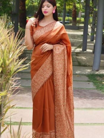 NEW ARRIVAL LICHI SILK JACQUARD WORK SAREE WITH UNSTITCHED BLOUSE ORANGE