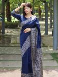 NEW ARRIVAL LICHI SILK JACQUARD WORK SAREE WITH UNSTITCHED BLOUSE NAVY BLUE