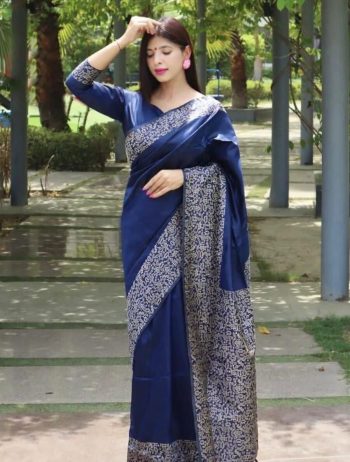 NEW ARRIVAL LICHI SILK JACQUARD WORK SAREE WITH UNSTITCHED BLOUSE NAVY BLUE