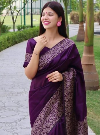 NEW ARRIVAL LICHI SILK JACQUARD WORK SAREE WITH UNSTITCHED BLOUSE PURPLE