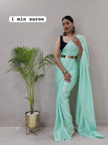 NEW ARRIVAL MOSS CHIFFON SHADED WEAVING BORDER WORK READY TO WEAR SAREE WITH UNSTITCHED BLOUSE SEA GREEN