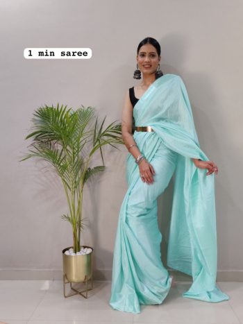 NEW ARRIVAL MOSS CHIFFON SHADED WEAVING BORDER WORK READY TO WEAR SAREE WITH UNSTITCHED BLOUSE SKY