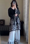 NEW ARRIVAL NATURAL CREEPE EMBROIDERY AND THREAD WITH FANCY GPO LACE WORK TOP PALAZZO SET  BLACK