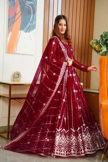 NEW ARRIVAL NET CHAIN  DESIGN WORK LEHENGA CHOLI WITH DUPATTA MAROON