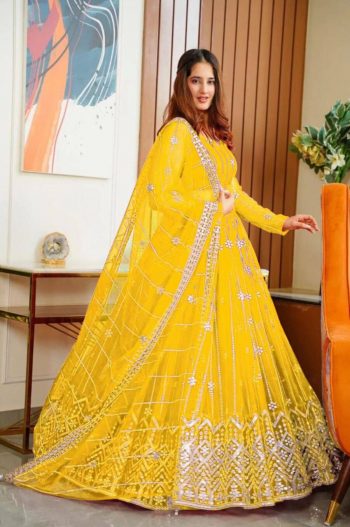NEW ARRIVAL NET CHAIN  DESIGN WORK LEHENGA CHOLI WITH DUPATTA YELLOW