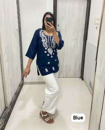 NEW ARRIVAL RAYON CHIKANKARI EMBROIDERY  WORK TOP  BLUE