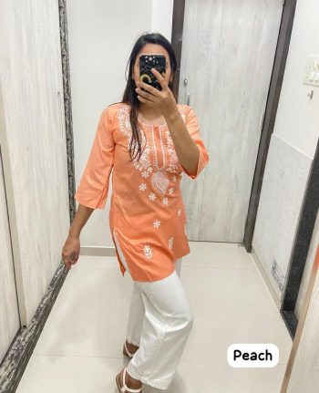 NEW ARRIVAL RAYON CHIKANKARI EMBROIDERY  WORK TOP PEACH