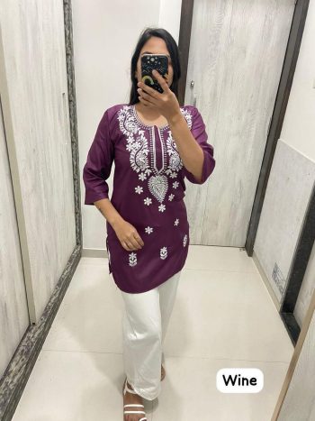 NEW ARRIVAL RAYON CHIKANKARI EMBROIDERY  WORK TOP  WINE