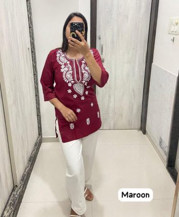 NEW ARRIVAL RAYON CHIKANKARI EMBROIDERY  WORK TOP  MAROON