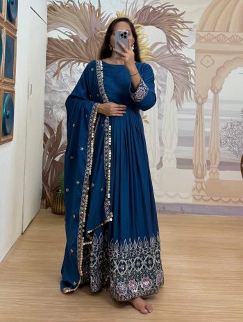 NEW ARRIVAL RAYON EMBROIDERY WORK GOWN BOTTOM WITH DUPATTA TEAL