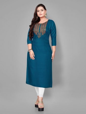 NEW ARRIVAL RAYON EMBROIDERY WORK KURTI  TEAL