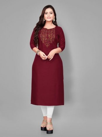 NEW ARRIVAL RAYON EMBROIDERY WORK KURTI  MAROON