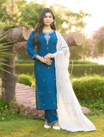 NEW ARRIVAL ROMAN SILK EMBROIDERY WITH SEQUENCE WORK TOP BOTTOM WITH DUPATTA  TEAL