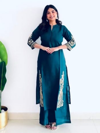 NEW ARRIVAL ROMAN SILK EMBROIDRY WORK  TOP PALAZZO SET BLUE