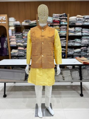 NEW ARRIVAL SILK KURTA COTTON PAYJAMA WITH JACQUARD KOTI MEN'S KURTA PAYJAMA SET  YELLOW