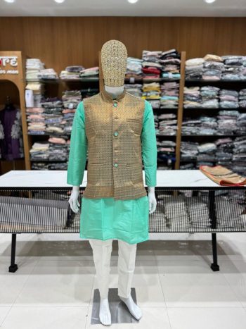 NEW ARRIVAL SILK KURTA COTTON PAYJAMA WITH JACQUARD KOTI MEN'S KURTA PAYJAMA SET  RAMA