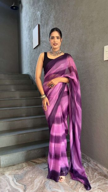 NEW ARRIVAL SOFT GEORGETTE  THRE TONE SHADE READY TO WEAR SAREE WITH UNSTITCHED BLOUSE LAVENDER
