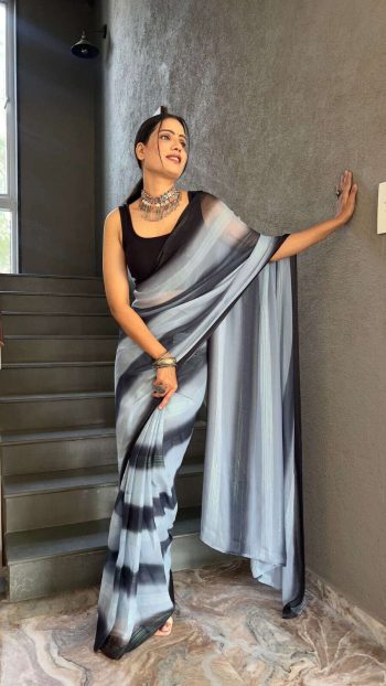 NEW ARRIVAL SOFT GEORGETTE  THRE TONE SHADE READY TO WEAR SAREE WITH UNSTITCHED BLOUSE BLACK