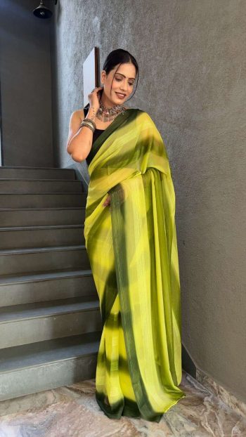 NEW ARRIVAL SOFT GEORGETTE  THRE TONE SHADE READY TO WEAR SAREE WITH UNSTITCHED BLOUSE PARROT GREEN