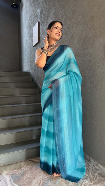 NEW ARRIVAL SOFT GEORGETTE  THRE TONE SHADE READY TO WEAR SAREE WITH UNSTITCHED BLOUSE SKY