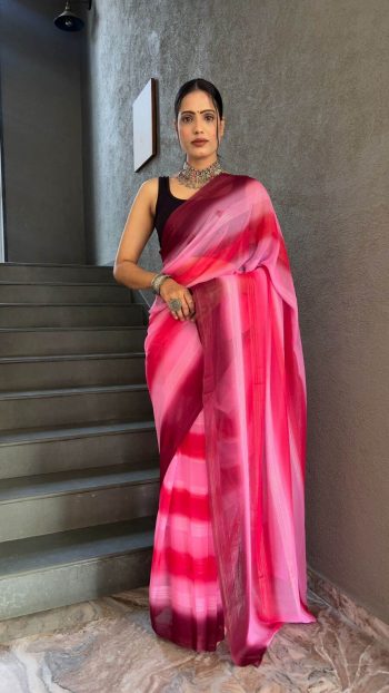 NEW ARRIVAL SOFT GEORGETTE  THRE TONE SHADE READY TO WEAR SAREE WITH UNSTITCHED BLOUSE PINK
