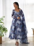 NEW ARRIVAL SOFT ORGANZA SILK MARBLE PRINTED ANARKALI GOWN BOTTOM WITH DUPATTA  NAVY BLUE