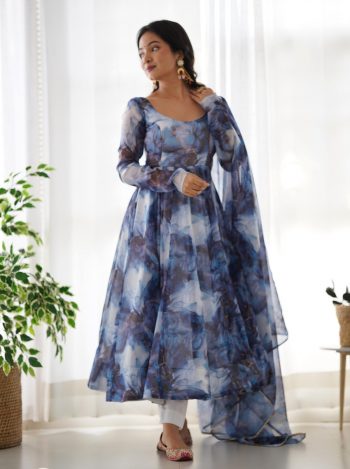 NEW ARRIVAL SOFT ORGANZA SILK MARBLE PRINTED ANARKALI GOWN BOTTOM WITH DUPATTA  NAVY BLUE
