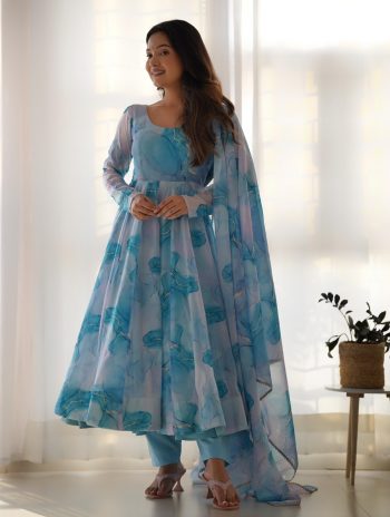 NEW ARRIVAL SOFT ORGANZA SILK MARBLE PRINTED ANARKALI GOWN BOTTOM WITH DUPATTA  SKY