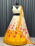 NEW ARRIVAL TAFFETA SILK PRINTED LEHENGA CHOLI WITH DUPATTA  MUSTARD