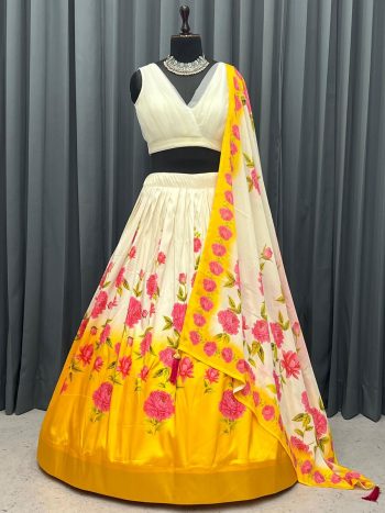 NEW ARRIVAL TAFFETA SILK PRINTED LEHENGA CHOLI WITH DUPATTA  MUSTARD
