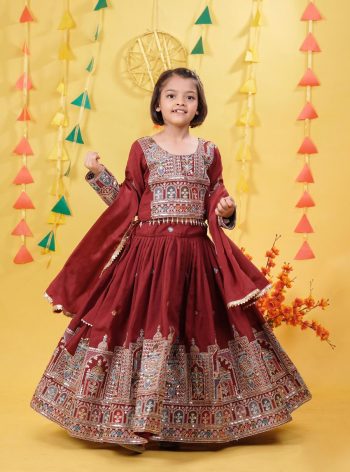 NEW ARRIVAL VICHITRA EMBROIDERY CODING SEQUENCE AND THREAD WITH LATAKAN DORI AND HEAVY LACE WORK KID'S LEHENGA CHOLI WITH DUPATTA MAROON